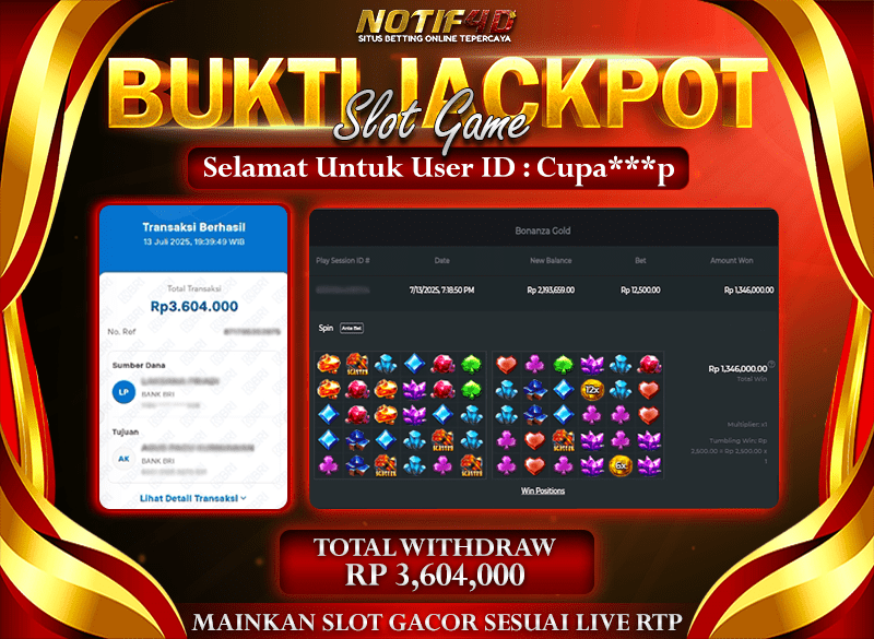 Jackpot Bonanza Gold NOTIF4D – 13 July: Rp 3,604,000 Langsung Cair!