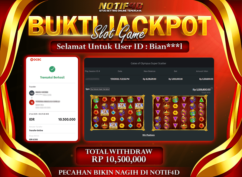 Jackpot Gates of Olympus Super Scatter NOTIF4D – 21 July: Rp 10,500,000 Langsung Cair!