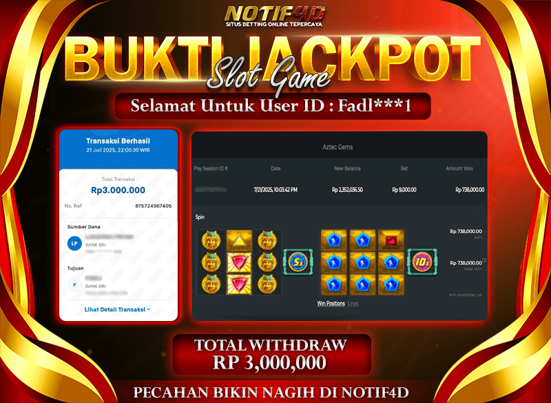 Jackpot Aztec Gems NOTIF4D – 21 July: Rp 3,000,000 Langsung Cair!
