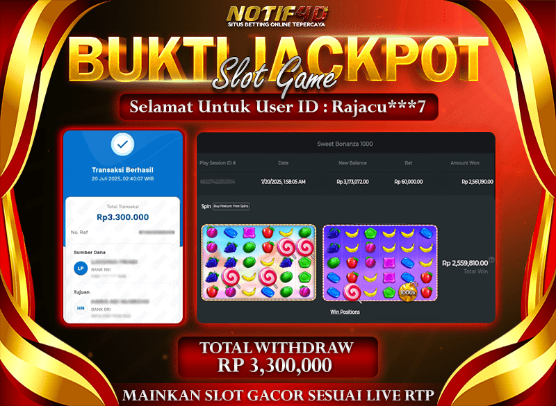 Jackpot Sweet Bonanza 1000 NOTIF4D – 20 July: Rp 3,300,000 Langsung Cair!