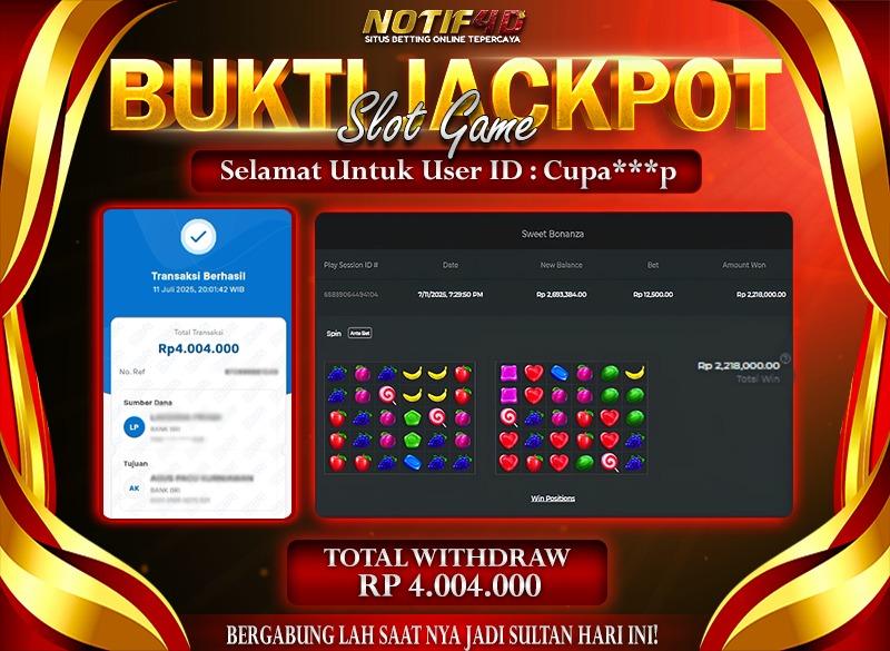 Jackpot Sweet Bonanza Member NOTIF4D – 11 July: Rp 4,004,000Langsung Cair!