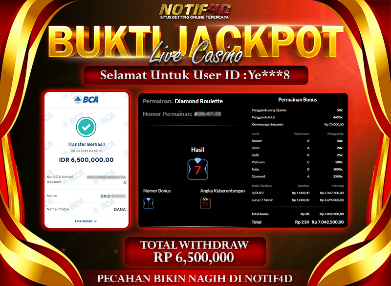 Jackpot Live Casino - Diamond Roulette NOTIF4D – 20 July: Rp 6,500,000 Langsung Cair!