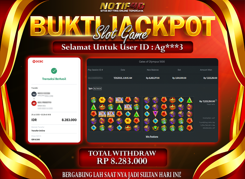 Jackpot Gates of Olympus 1000 NOTIF4D – 23 July: Rp 8,283,000 Langsung Cair!