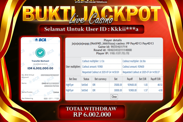 Jackpot Live Games PP-High Flyer NOTIF4D – 24 July: Rp 6,002,000 Langsung Cair!