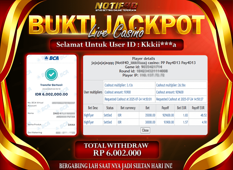 Jackpot Live Games PP-High Flyer NOTIF4D – 24 July: Rp 6,002,000 Langsung Cair!
