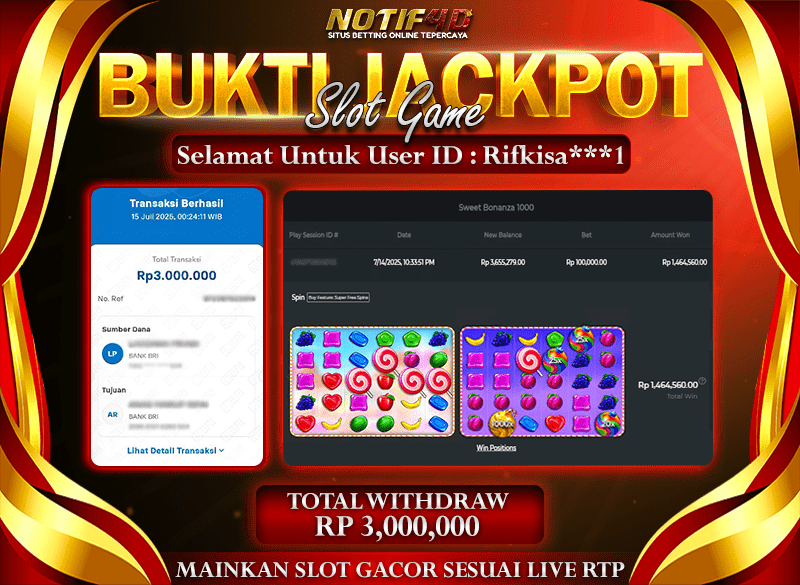 Jackpot Sweet Bonanza 1000 NOTIF4D – 15 July: Rp 3,000,000 Langsung Cair!