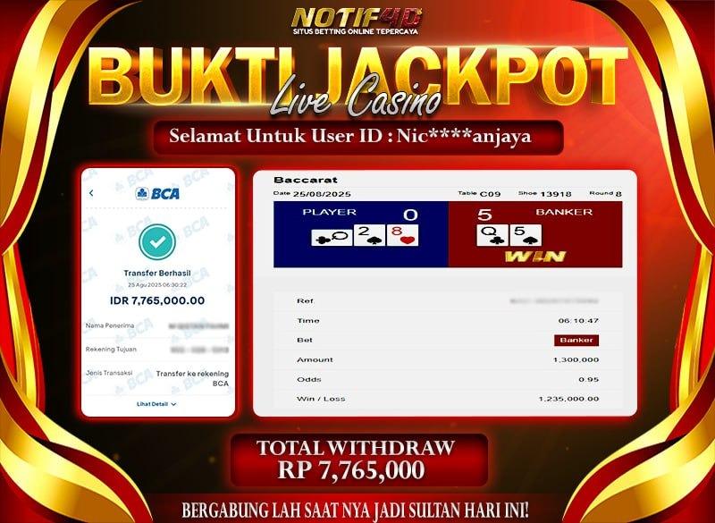 Temukan bukti nyata kemenangan jackpot casino online di NOTIF4D! Dengan deposit hanya Rp500.000, member ini berhasil withdraw Rp7.765.000 dari game Baccarat Classic. Simak tips menangnya sekarang!