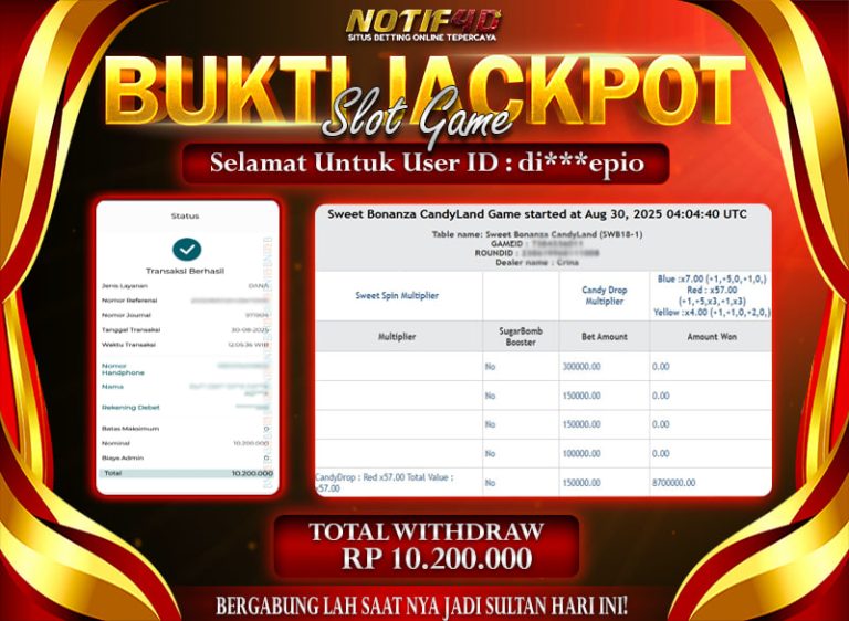 Jackpot Live Casino - Sweet Bonanza CandyLand NOTIF4D – 30 Agustus : Rp 10,200,000 Langsung Cair!