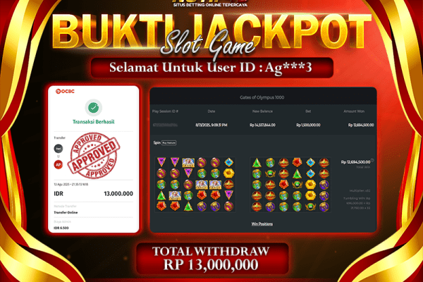 Jackpot Slot Gates of Olympus 1000 NOTIF4D – 13 Agustus : Rp 13,000,000 Langsung Cair!