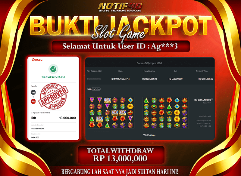 Jackpot Slot Gates of Olympus 1000 NOTIF4D – 13 Agustus : Rp 13,000,000 Langsung Cair!