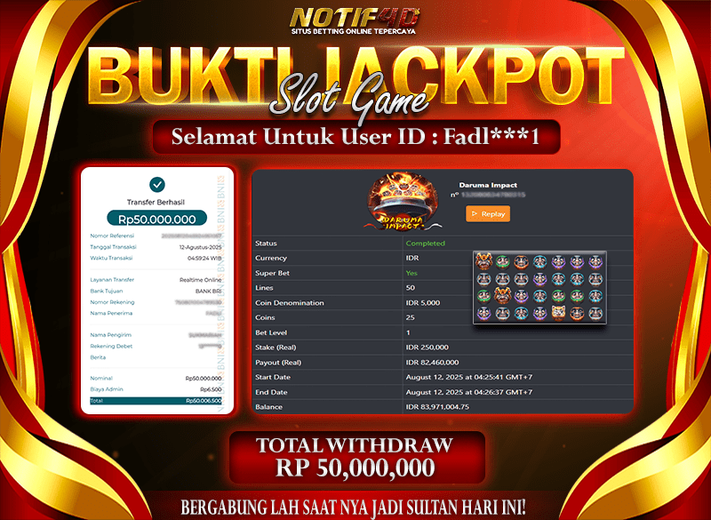 Jackpot Slot Daruma Impact NOTIF4D – 12 Agustus : Rp 50,000,000 Langsung Cair!
