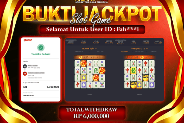 Jackpot Slot Mahjong Ways – 04 Agustus 2025 : Rp 6,000,000 Langsung Cair!