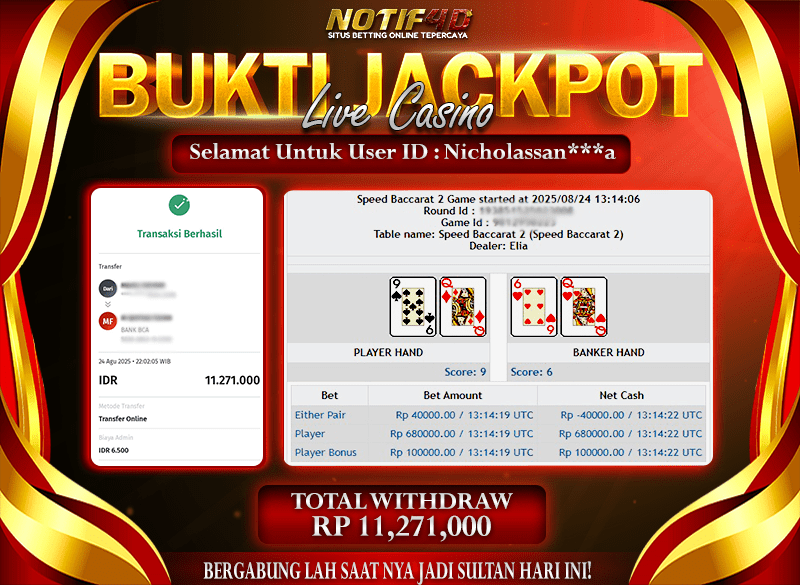 Jackpot Live Casino – Speed Baccarat 2 NOTIF4D – 24 Agustus: Rp 11,271,000 Langsung Cair!