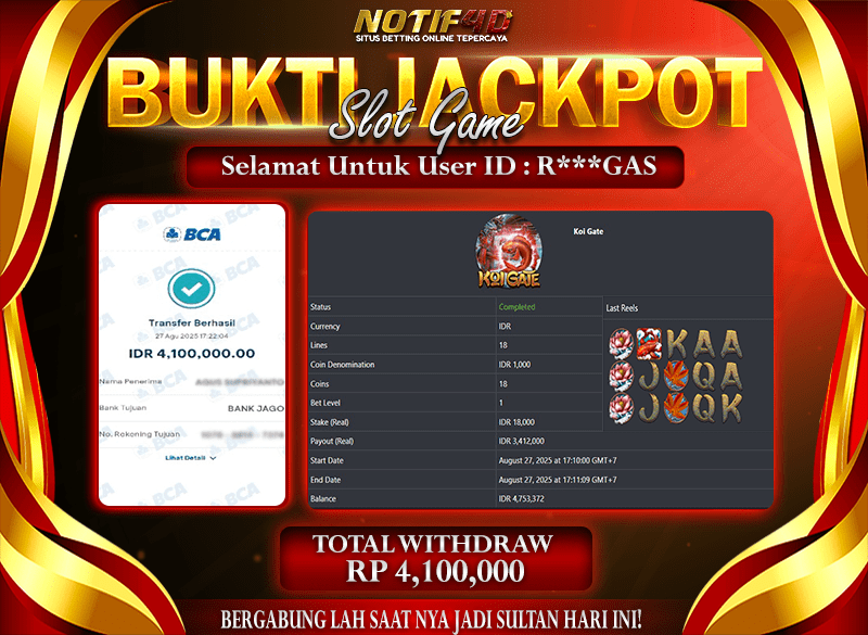 Jackpot Koi Gate NOTIF4D – 27 Agustus : Rp 4,100,000 Langsung Cair!