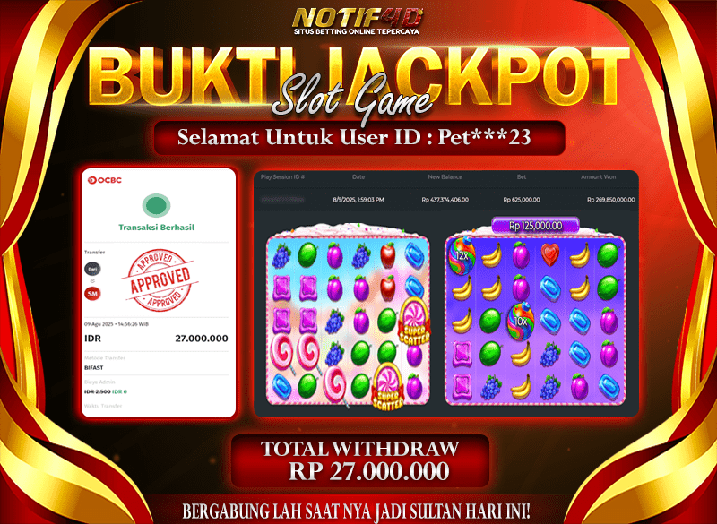 Jackpot Sweet Bonanza Super Scatter NOTIF4D – 09 Agustus : Rp 27,000,000 Langsung Cair!