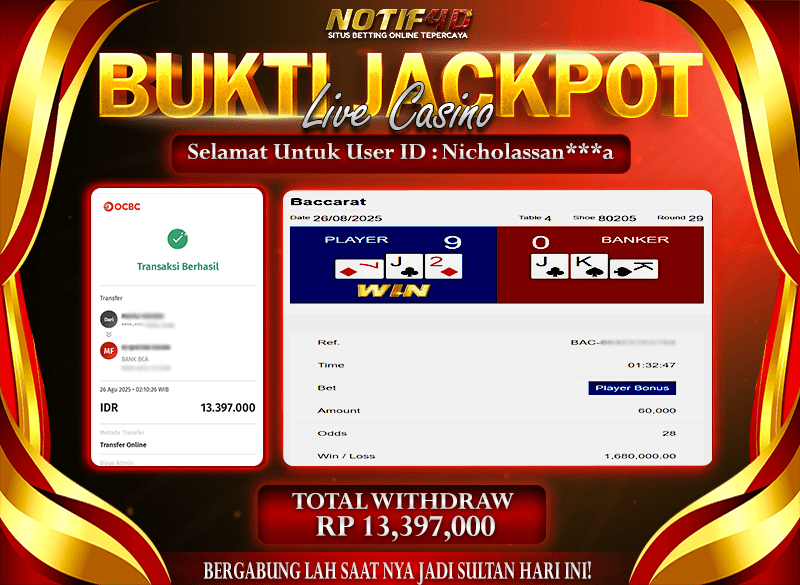 Jackpot LIVE-Baccarat Classic NOTIF4D – 26 Agustus: Rp 13,397,000 Langsung Cair!