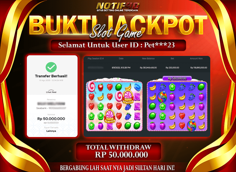 Jackpot Sweet Bonanza Super Scatter NOTIF4D – 10 Agustus : Rp 50,000,000 Langsung Cair!