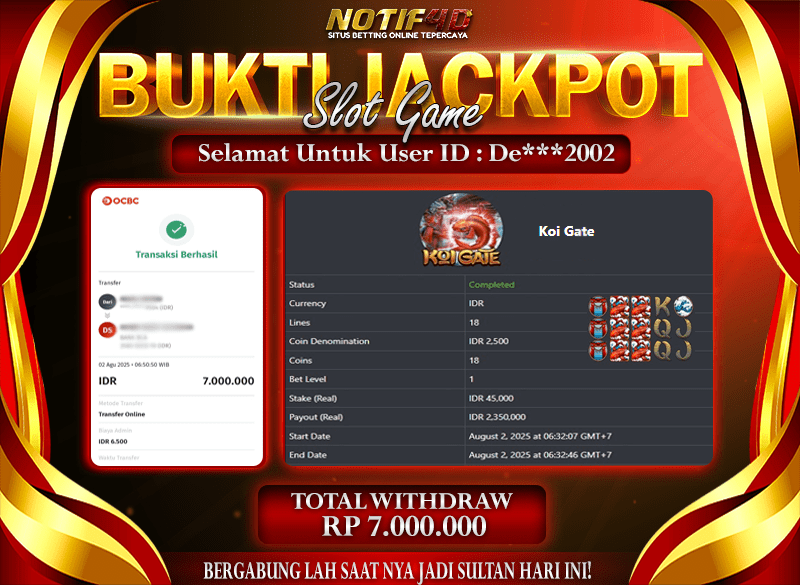 JackpotKoi Gate NOTIF4D – 02 Agustus : Rp 7,000,000 Langsung Cair!