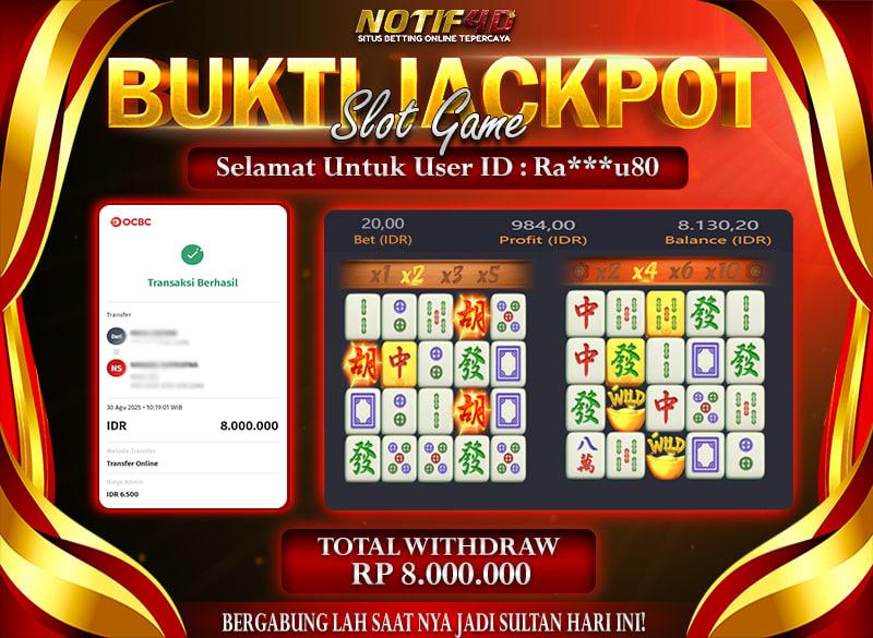 Jackpot Mahjong Ways NOTIF4D – 30 Agustus : Rp 8,000,000 Langsung Cair!