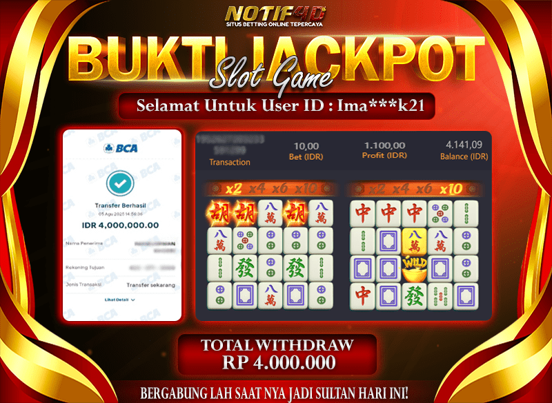 Jackpot Mahjong Ways NOTIF4D – 05 Agustus : Rp 4,000,000 Langsung Cair!