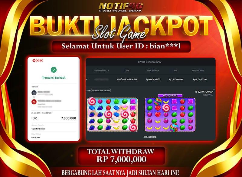 Jackpot Sweet Bonanza 1000 NOTIF4D – 26 Agustus : Rp 7,000,000 Langsung Cair!