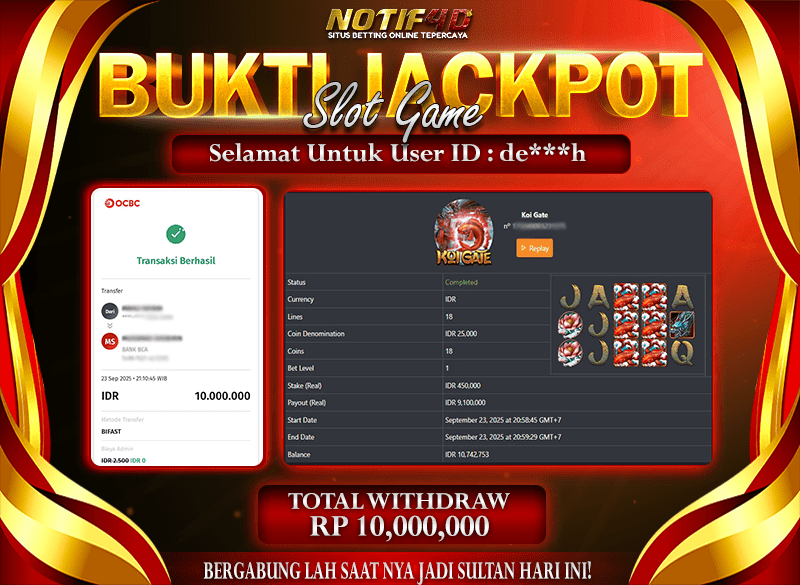 Jackpot Koi Gate NOTIF4D – 24 September : Rp 10,000,000 Langsung Cair!