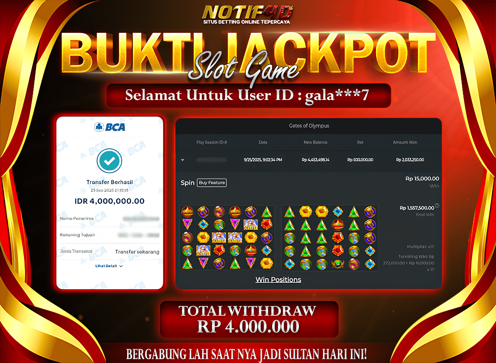 Jackpot Gates of Olympus NOTIF4D – 25 September : Rp 4,000,000 Langsung Cair!