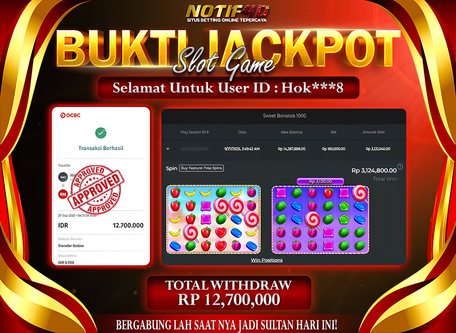 Jackpot Sweet Bonanza 1000 Super Scatter NOTIF4D – 27 September : Rp 12,700,000 Langsung Cair!