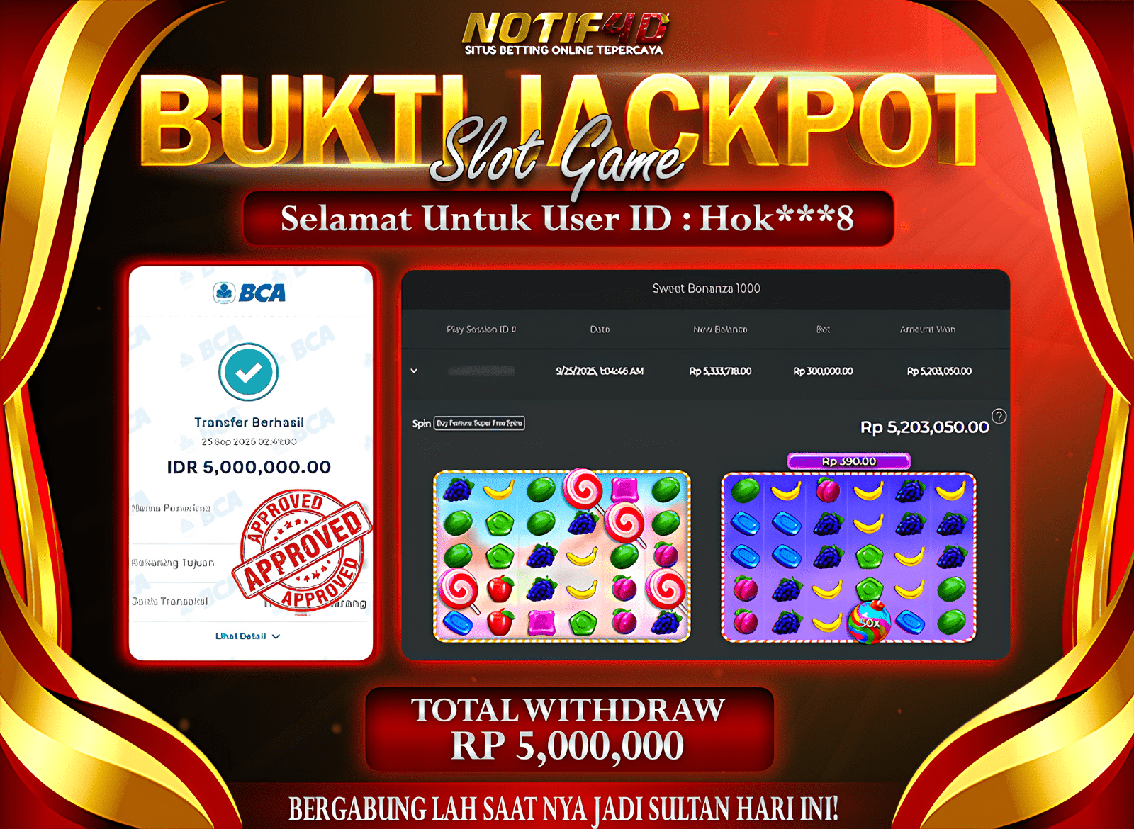 Jackpot Sweet Bonanza 1000 NOTIF4D – 25 September : Rp 5,000,000 Langsung Cair!