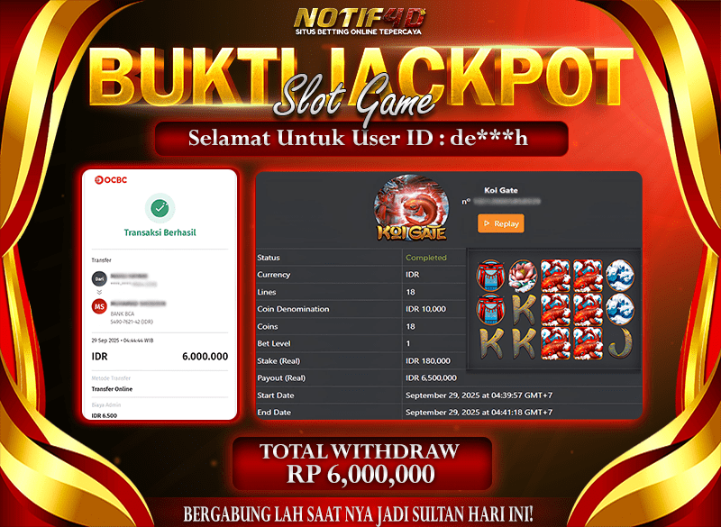Jackpot Koi Gate NOTIF4D – 29 September : Rp 6,000,000 Langsung Cair!
