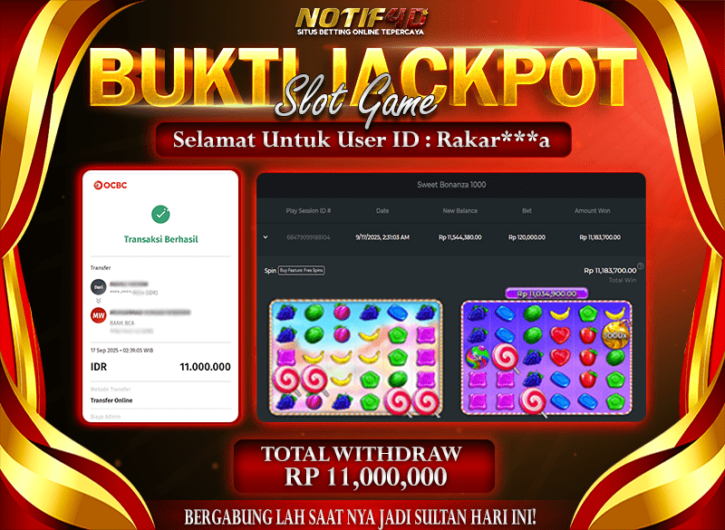 Jackpot Sweet Bonanza 1000 NOTIF4D – 17 September : Rp 11,000,000 Langsung Cair!