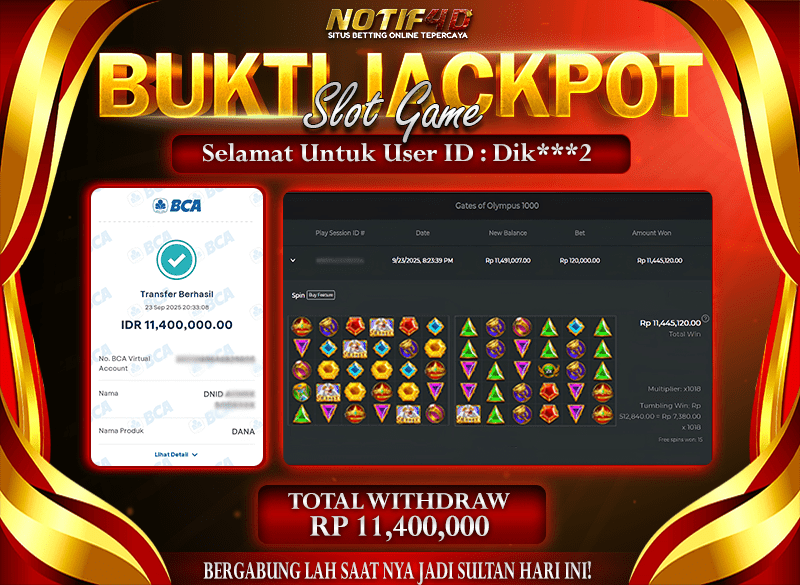 Jackpot Gates of Olympus 1000 NOTIF4D – 23 September : Rp 11,400,000 Langsung Cair!