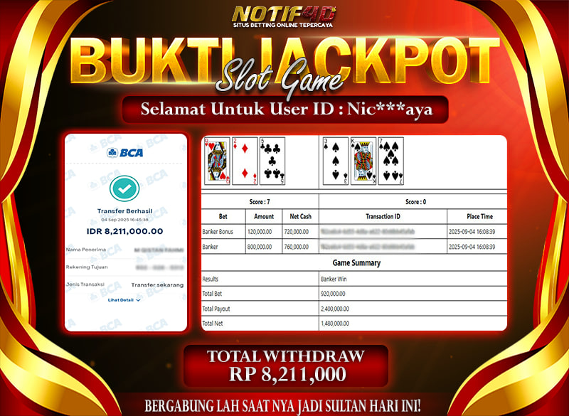 JackpotLIVE-Baccarat Classic NOTIF4D – 04 September : Rp 8,211,000 Langsung Cair!
