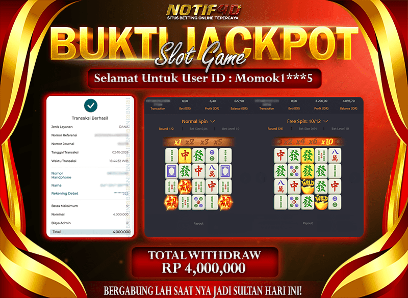 Jackpot Mahjong Ways NOTIF4D – 02 October 2025 : Rp 4,000,000 Langsung Cair!