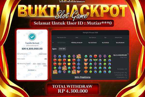 Jackpot Starlight Princess 1000 NOTIF4D – 02 October 2025 : Rp 4,300,000 Langsung Cair!