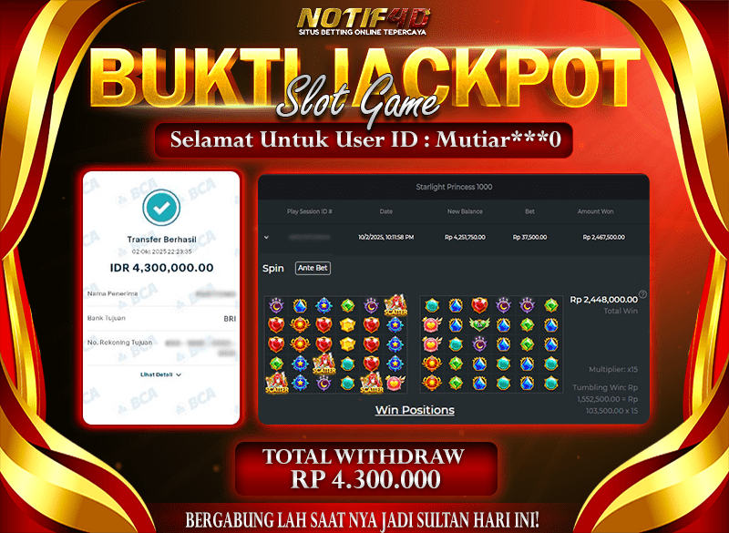 Jackpot Starlight Princess 1000 NOTIF4D – 02 October 2025 : Rp 4,300,000 Langsung Cair!