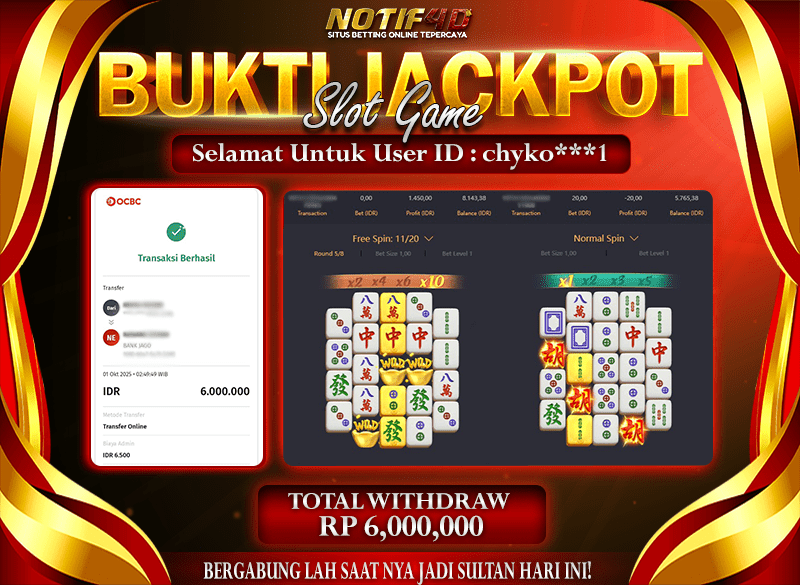 Jackpot Mahjong Ways NOTIF4D – 01 Oktober 2025 : Rp 6,000,000 Langsung Cair!