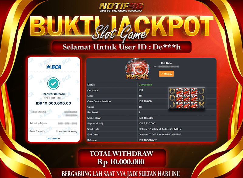 Jackpot Koi Gate NOTIF4D – 07 October 2025 : Rp 10,000,000 Langsung Cair!