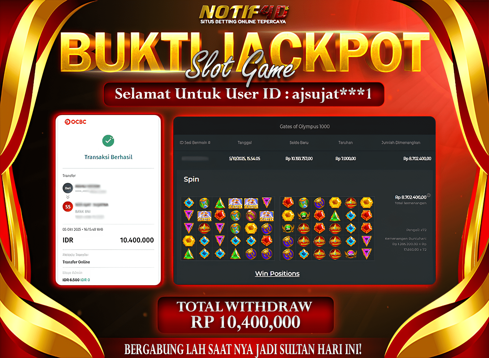Jackpot Gates of Olympus 1000 NOTIF4D – 05 October 2025 : Rp 10,400,000 Langsung Cair!