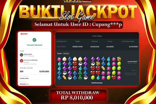 Jackpot Candy Village NOTIF4D – 03 October 2025 : Rp 8,010,000 Langsung Cair!